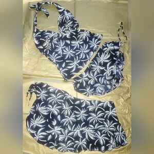 Y2K Be Creative Navy And White Palm 3 Piece Halter Tankini Bikini And Wrap Set